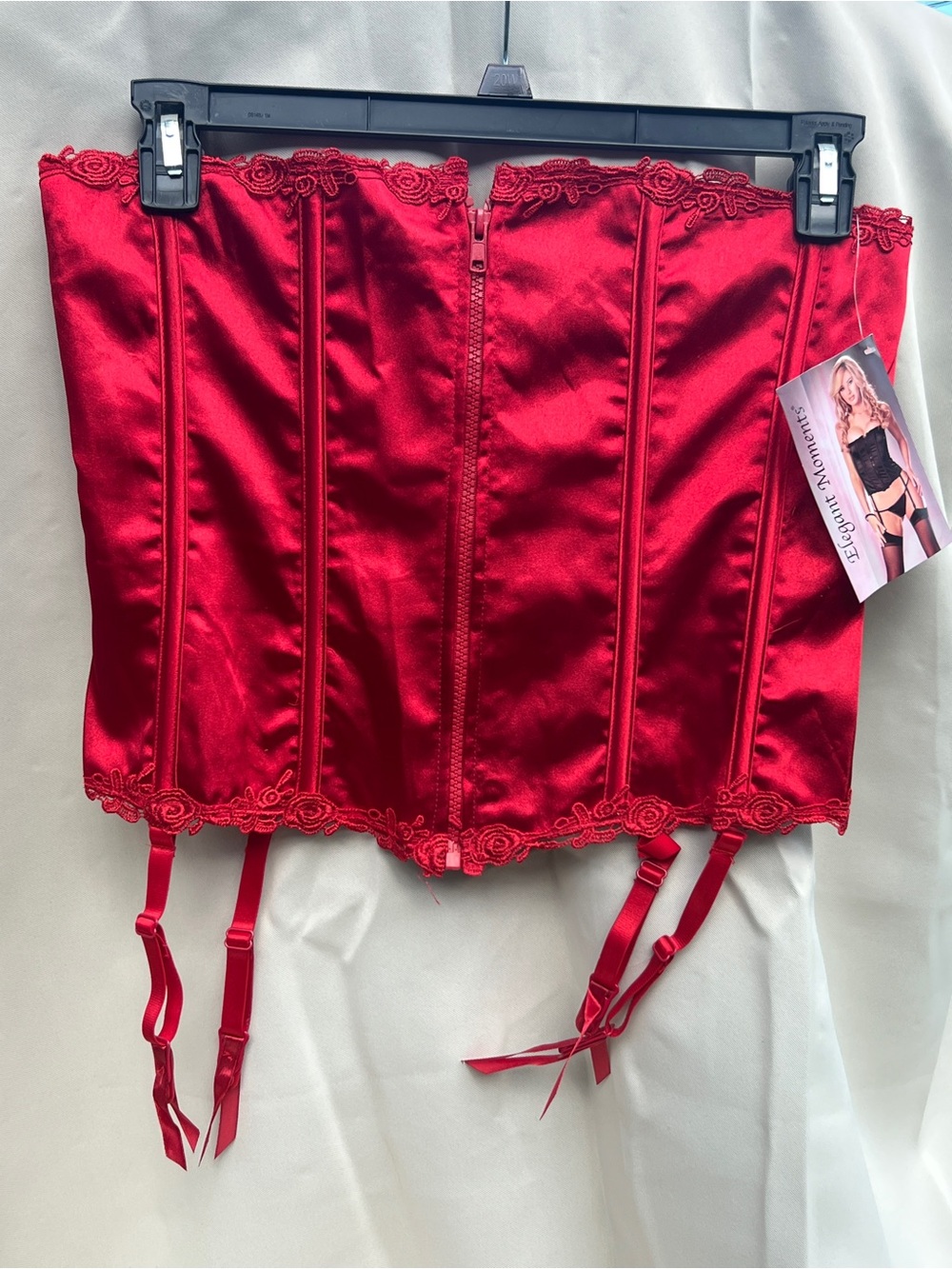 Elegant Moments Red Satin Corset with Lace Trim & Garter Straps